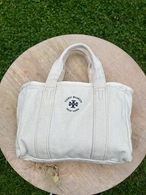 Tory Burch Natural Canvas Mini Tote with Navy Logo